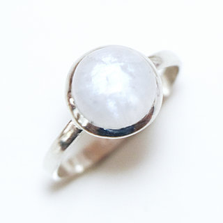 Bijoux ethniques Indiens bague en argent 925 massif femme et pierre fine Pierre de Lune blanc nacr ronde lisse - Inde 391a