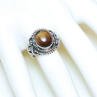 Bijoux ethniques Indiens bague en argent 925 massif femme pierre fine oeil de tigre iris brun marron ovale filigranes - Inde 328M b