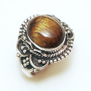 Bijoux ethniques Indiens bague en argent 925 massif femme pierre fine oeil de tigre iris brun marron ovale filigranes - Inde 328M a