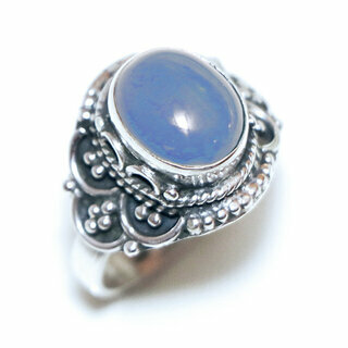 Bijoux ethniques Indiens bague en argent 925 massif femme pierres semi-prcieuses fine ovale filigranes Calcdoine bleue - Inde 328X a