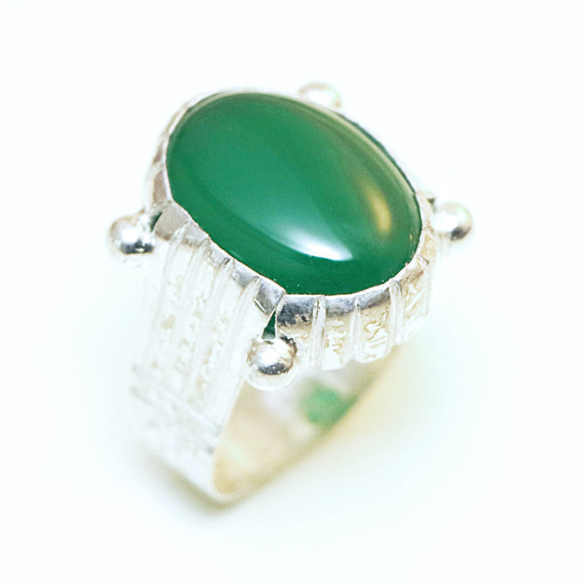 Bague chevalière ovale argent 750 et Agate verte - Mauritanie 035