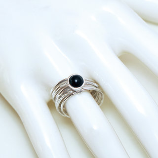 Bijoux ethniques touareg berbres bague en argent 925 massif femme homme semainier grav multi plusieurs sept anneaux et pierre fine Onyx noir ronde - Niger 077 b