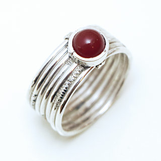 Bijoux ethniques touareg bague en argent 925 massif femme homme semainier grav multi plusieurs sept anneaux et pierre fine Cornaline orange ronde - Niger 077a