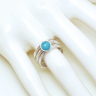 Bijoux ethniques touareg bague en argent 925 massif femme homme semainier grav multi plusieurs sept anneaux et pierre fine Howlite turquoise ronde - Niger 077b