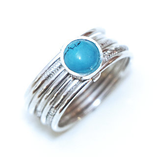 Bijoux ethniques touareg bague en argent 925 massif femme homme semainier grav multi plusieurs sept anneaux et pierre fine Howlite turquoise ronde - Niger 077a