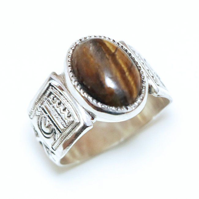 Bague argent massif 925 touareg ovale chevalière et Oeil de Tigre - Niger 079