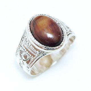 Bijoux touareg ethniques bague en argent 925 massif personnaliss femme homme ovale chevalire gravure et fine Oeil de Tigre marron artisanale - Niger 080a