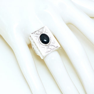 Bijoux touareg ethniques bague en argent 925 massif pierres semi-prcieuses personnaliss femme homme rectangle chevalire gravure fine Onyx noir - Niger 084b