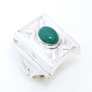 Bijoux touareg ethniques bague en argent 925 massif pierres semi-prcieuses personnaliss femme homme rectangle chevalire gravure fine agate verte - Niger 084a