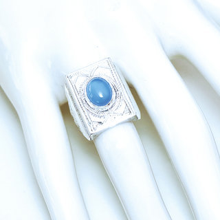 Bijoux touareg ethniques bague en argent 925 massif pierres semi-prcieuses personnaliss femme homme rectangle chevalire gravure fine Calcdoine bleu - Niger 085b