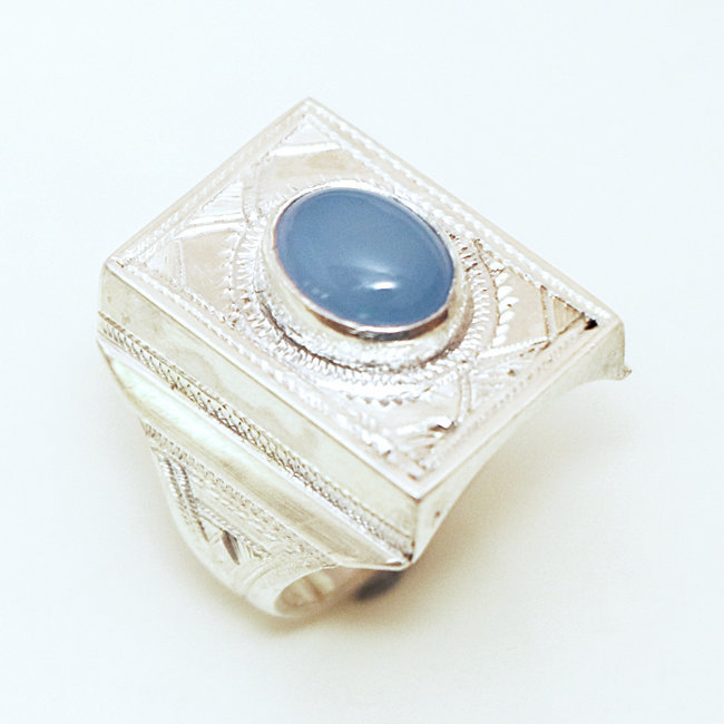 Bague argent massif 925 touareg chevalière rectangle et Agate bleue - Niger 085