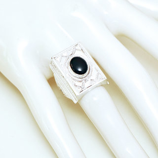 Bijoux touareg ethniques bague en argent 925 massif pierres semi-prcieuses personnaliss femme homme rectangle chevalire gravure fine Onyx noir - Niger 086b