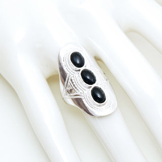 Bijoux touareg ethniques bague en argent 925 massif pierres semi-prcieuses personnaliss femme homme navette longue gravure triple trois Onyx noir - Niger 089b