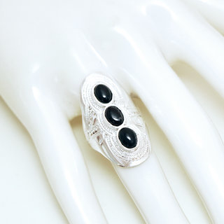 Bijoux touareg ethniques bague en argent 925 massif pierres semi-prcieuses personnaliss femme homme navette longue gravure triple trois Onyx noir - Niger 090b