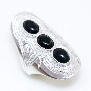 Bijoux touareg ethniques bague en argent 925 massif pierres semi-prcieuses personnaliss femme homme navette longue gravure triple trois Onyx noir - Niger 090a