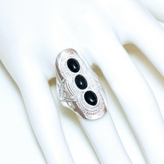 Bijoux touareg ethniques bague en argent 925 massif pierres semi-prcieuses personnaliss femme homme navette longue gravure triple trois Onyx noir - Niger 091b