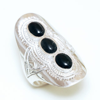 Bijoux touareg ethniques bague en argent 925 massif pierres semi-prcieuses personnaliss femme homme navette longue gravure triple trois Onyx noir - Niger 091a