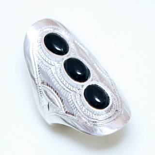 Bijoux touareg ethniques bague en argent 925 massif pierres semi-prcieuses personnaliss femme homme navette longue gravure triple trois Onyx noir - Niger 092a