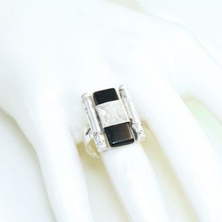 Bijoux ethniques touareg berbres bague en argent 925 massif pierres semi-prcieuses Onyx noir femme homme longue rectangle gravure personnsalie - Niger 101b