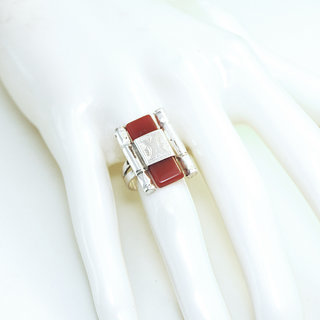 Bijoux touareg ethniques bague en argent 925 massif pierres semi-prcieuses personnaliss femme homme longue rectangle gravure Cornaline orange - Niger 101b