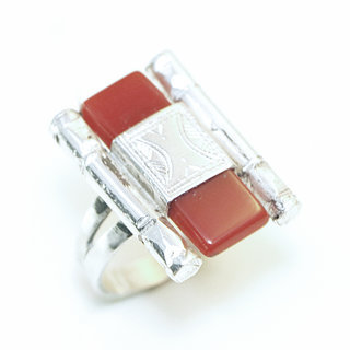 Bijoux touareg ethniques bague en argent 925 massif pierres semi-prcieuses personnaliss femme homme longue rectangle gravure Cornaline orange - Niger 101a