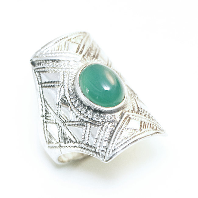 Bague argent 925 touareg rectangle chevalière et Agate verte - Niger 105