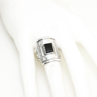 Bijoux ethniques touareg berbres bague en argent 925 massif pierres semi-prcieuses personnaliss femme homme chevalire rectangle gravure Onyx noir - Niger 106 b