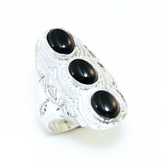 Bijoux ethniques touareg berbres bague en argent 925 massif pierres semi-prcieuses personnaliss femme homme navette longue gravure Onyx noir triple - Niger 109 a