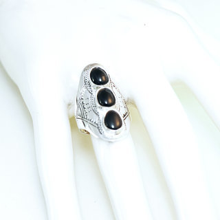 Bijoux ethniques touareg berbres bague en argent 925 massif pierres semi-prcieuses personnaliss femme homme navette longue gravure Onyx noir triple - Niger 110 b