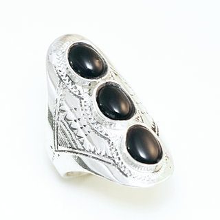 Bijoux ethniques touareg berbres bague en argent 925 massif pierres semi-prcieuses personnaliss femme homme navette longue gravure Onyx noir triple - Niger 110 a