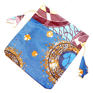 Pochette cadeau bijoux en tissu sac africain wax emballage ide homme femme pour anniversaire, nol, saint-valentin boite grande bleu pompon - Mali POPG004 a