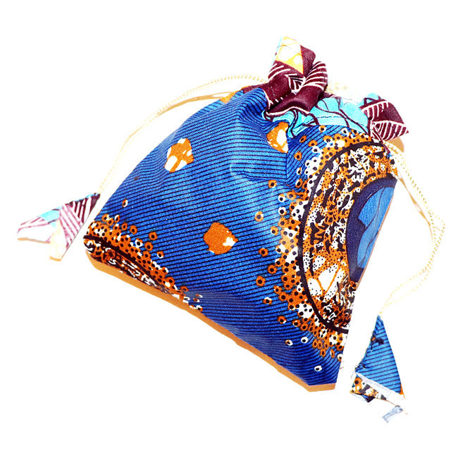 Pochette cadeau-bijoux en tissu wax Pompon 16x13 cm bleu - Mali POPG004
