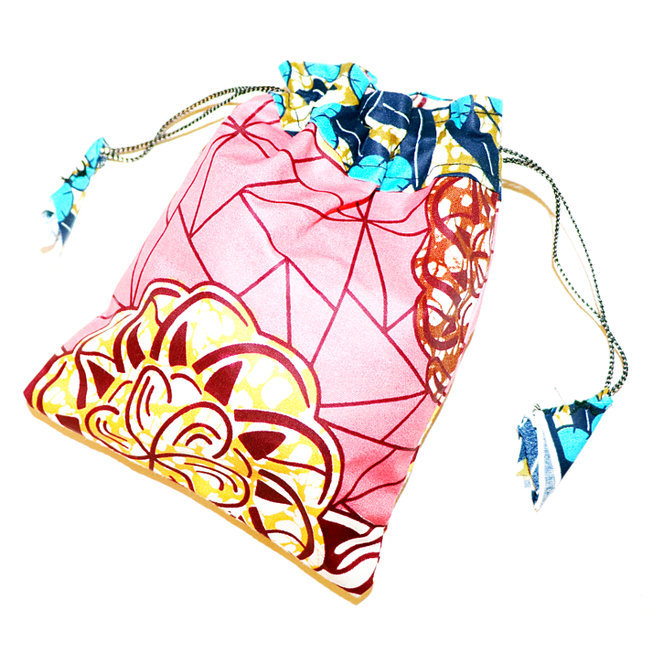Pochette cadeau-bijoux en tissu wax Pompon 16x13 cm rose - Mali POPG006