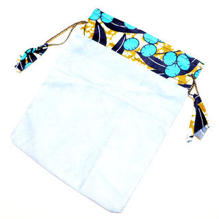 Pochette cadeau bijoux en tissu sac africain wax emballage ide homme femme pour anniversaire, nol, saint-valentin boite grande bleu clair pompon - Mali POPG007 a