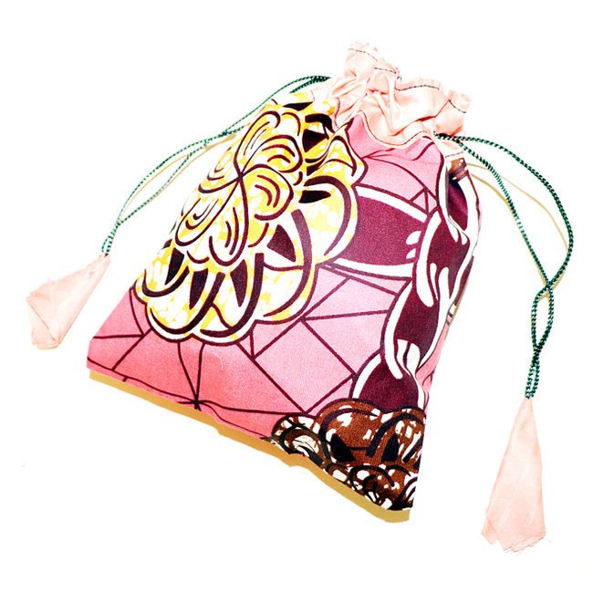 Pochette cadeau-bijoux en tissu wax Pompon 20x15 cm rose - Mali POPTG004