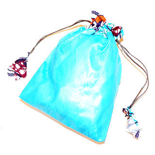 Pochette cadeau bijoux en tissu sac africain wax emballage ide homme femme pour anniversaire, nol, saint-valentin boite grande bleu turquoise pompon 15x20 cm - Mali POPTG007 b