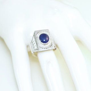 Bijoux ethniques touareg berbres bague en argent 925 massif pierres semi-prcieuses personnaliss femme homme rectangle chevalire gravure Agate bleue fonc - Niger 114 b