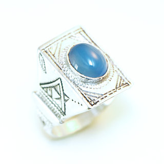 Bijoux ethniques touareg berbres bague en argent 925 massif pierres semi-prcieuses personnaliss femme homme rectangle chevalire gravure Agate bleue fonc - Niger 115 a