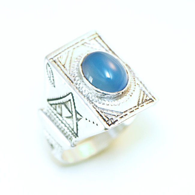 Bague argent 925 touareg rectangle chevalière et Agate bleue - Niger 115