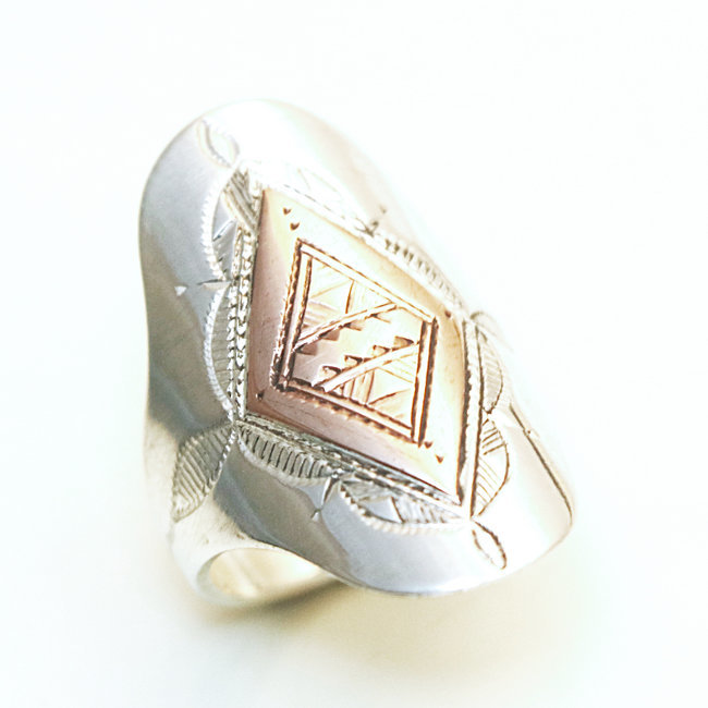 Bague argent massif 925 touareg longue navette et cuivre rose - Niger 334