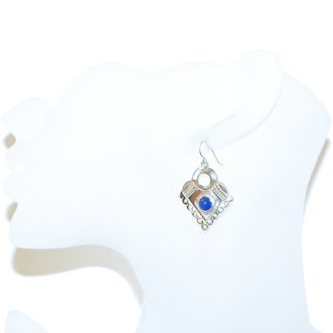 Bijoux touareg ethniques boucles d'oreilles en argent 925 massif pierres semi-précieuses berbère ajourée gravure pendante ronde Lapis-Lazuli bleu - Niger 041b