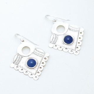 Bijoux touareg ethniques boucles d'oreilles en argent 925 massif pierres semi-prcieuses berbre ajoure gravure pendante ronde Lapis-Lazuli bleu - Niger 041a