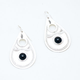 Bijoux touareg ethniques boucles d'oreilles en argent 925 massif pierres semi-prcieuses berbre ajoure gravure pendante ronde goutte Onyx noir - Niger 042a