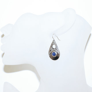 Bijoux touareg ethniques boucles d'oreilles en argent 925 massif pierres semi-prcieuses berbre ajoure gravure pendante ronde goutte Lapis Lazuli - Niger 043b