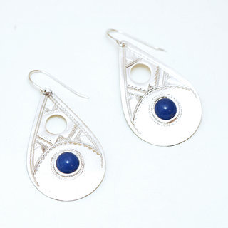 Bijoux touareg ethniques boucles d'oreilles en argent 925 massif pierres semi-prcieuses berbre ajoure gravure pendante ronde goutte Lapis Lazuli - Niger 043a