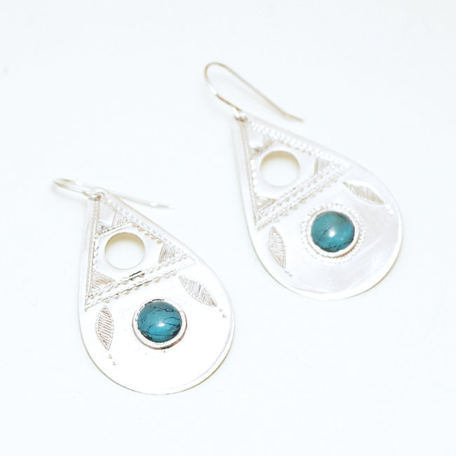 Boucles d'oreilles argent 925 touareg gouttes ajourées et Turquoise naturelle - Niger 044