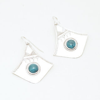 Bijoux touareg ethniques boucles d'oreilles en argent 925 massif pierres semi-prcieuses berbre gravure pendante ronde vraie Turquoise shat shat - Niger 045a