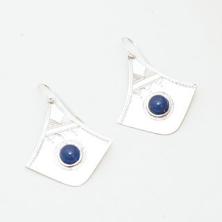 Bijoux touareg ethniques boucles d'oreilles en argent 925 massif pierres semi-prcieuses berbre gravure pendante ronde Lapis Lazuli bleu shat shat - Niger 045a