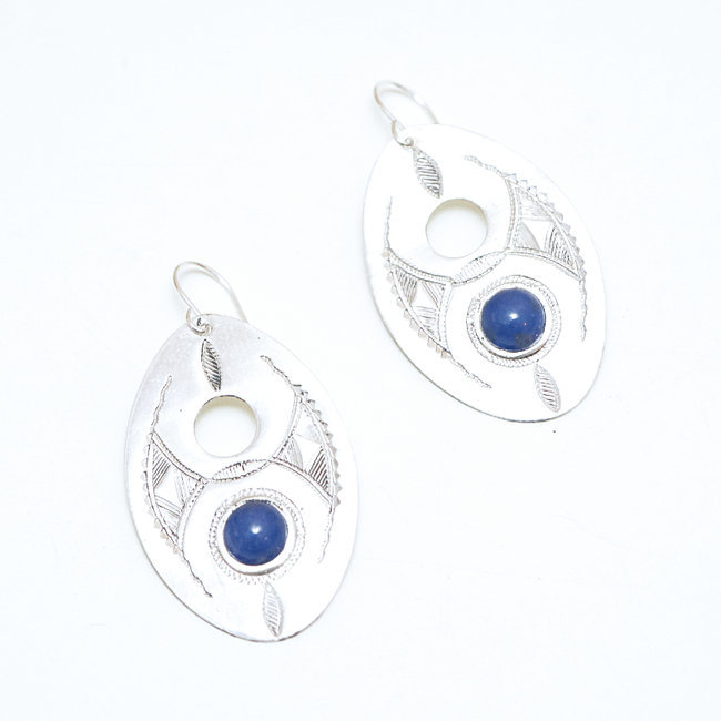 Boucles d'oreilles argent 925 touareg ovale ajourée et Lapis-Lazuli - Niger 047