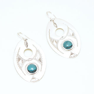 Bijoux touareg ethniques boucles d'oreilles en argent 925 massif pierres semi-prcieuses berbre gravure pendante ronde vraie Turquoise ovale ajoure - Niger 047b